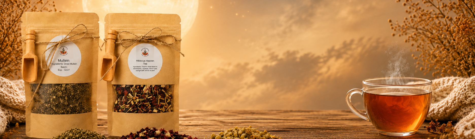 Two packages of tea with a steaming cup on a wooden surface against a warm, blurred background.