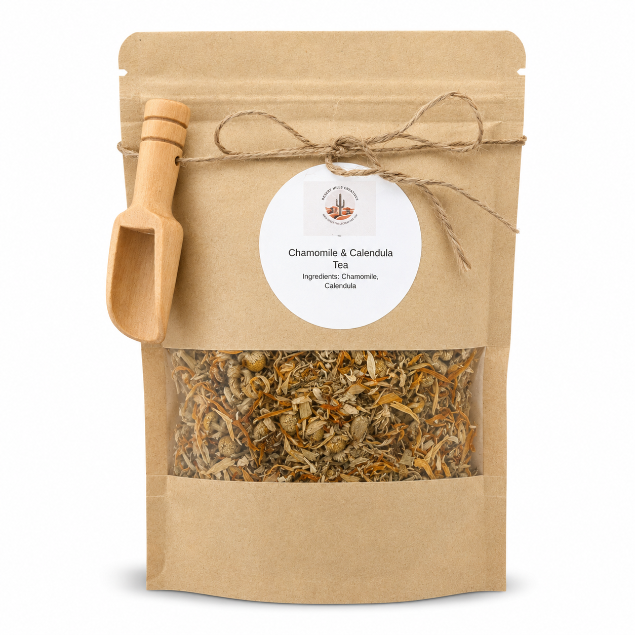 Kraft paper packaging with dried herbs and a wooden scoop on a white background