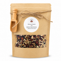 Kraft paper tea bag with wooden scoop and 'Hibiscus Heaven Tea' label on a white background