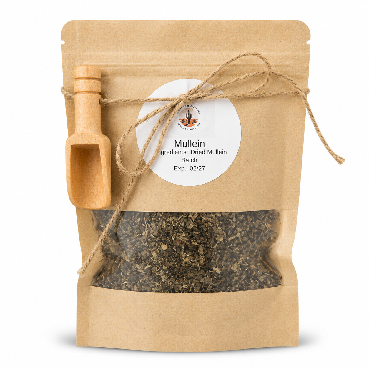 Kraft paper packaging of dried mullein with a wooden scoop and label on a white background