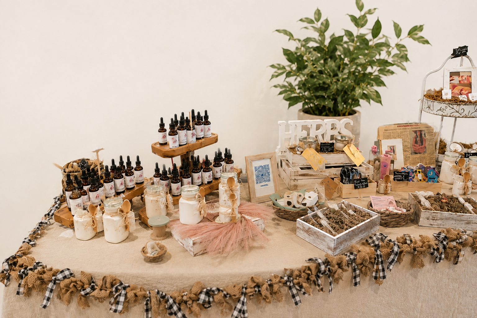 Table display with various items including bottles, jars, and decorative elements on a white background.